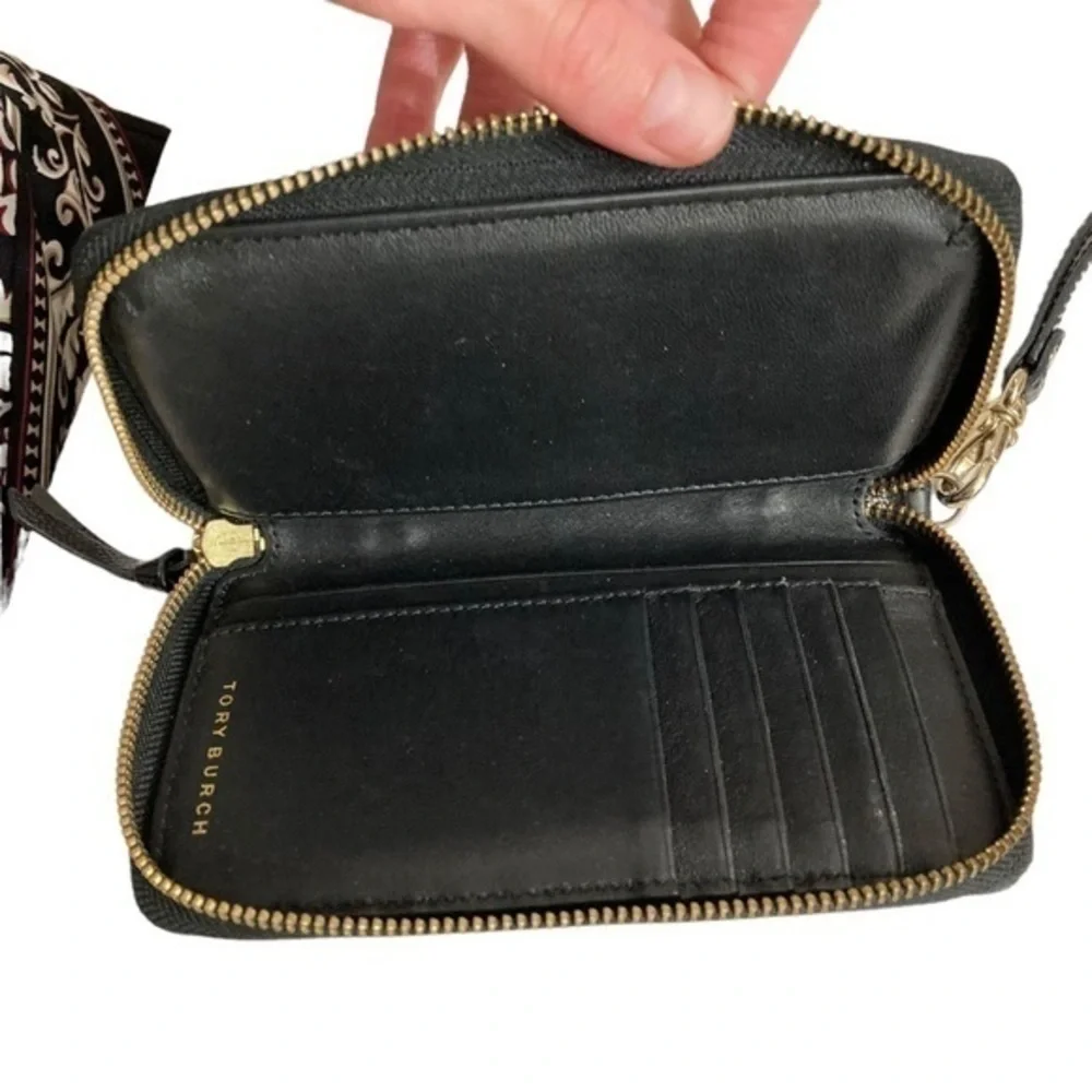 Tory Burch black grained shiny leather wristlet wallet clutch bag